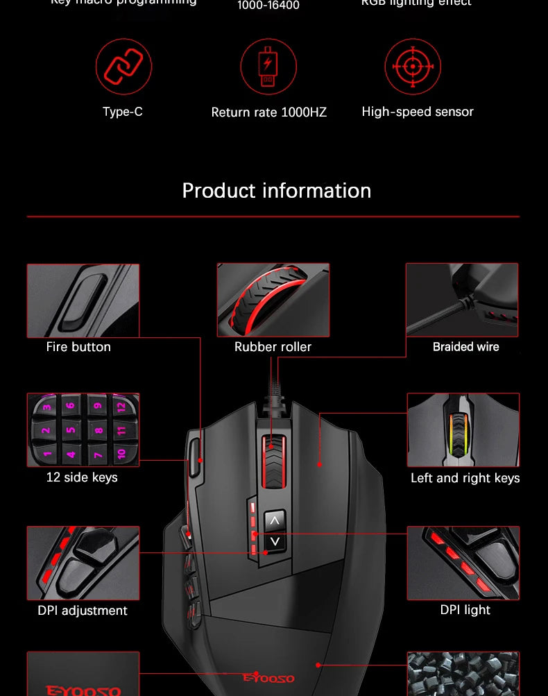 E-YOOSO X39 Wired Gaming Mouse | 12400 DPI | 17 Buttons RGB | Pixart PAW3327 | MMO