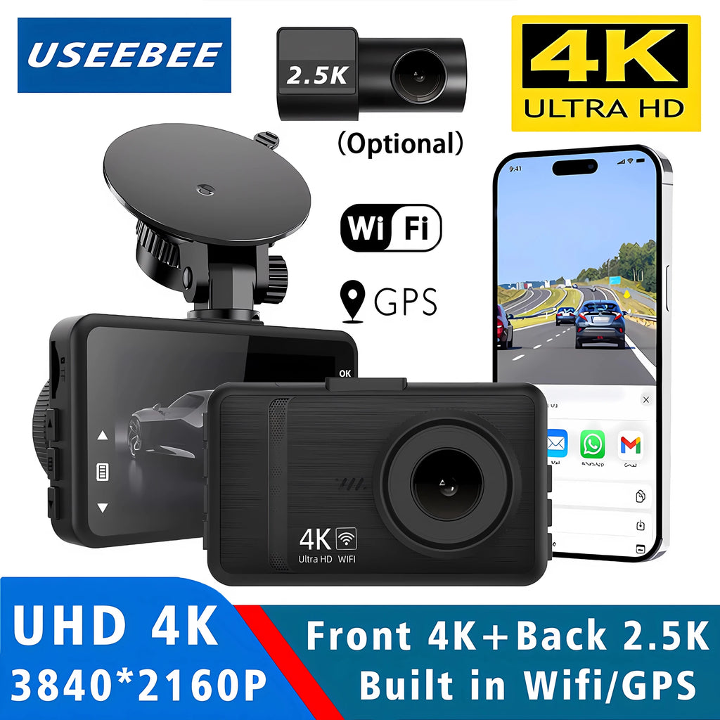 Dashcam 4K+2.5K WiFi GPS Doble Lente – Visión Nocturna, Monitor Estacionamiento 24H, Caja Negra