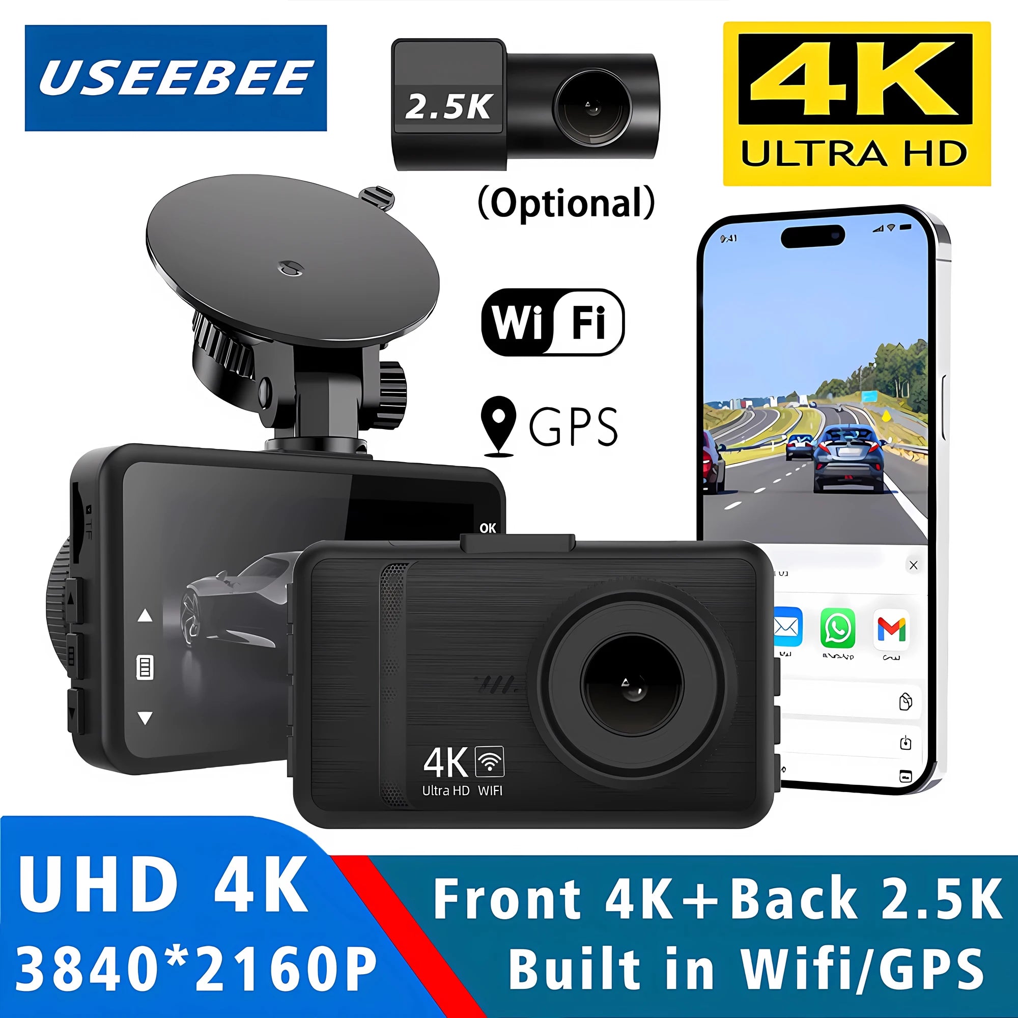 Dashcam 4K+2.5K WiFi GPS Doble Lente – Visión Nocturna, Monitor Estacionamiento 24H, Caja Negra