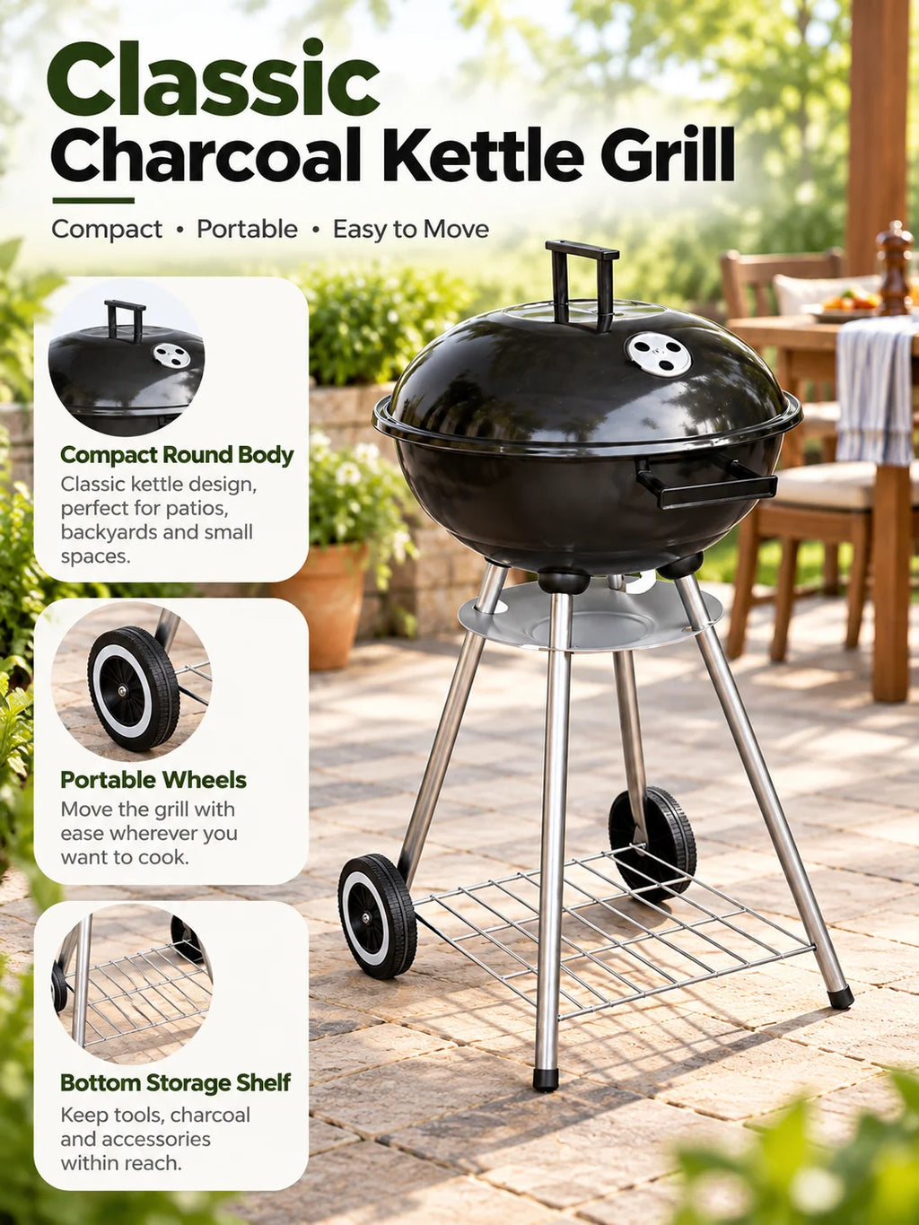 Charcoal BBQ Grill | Wheels & Storage Shelves | Outdoor Cooking