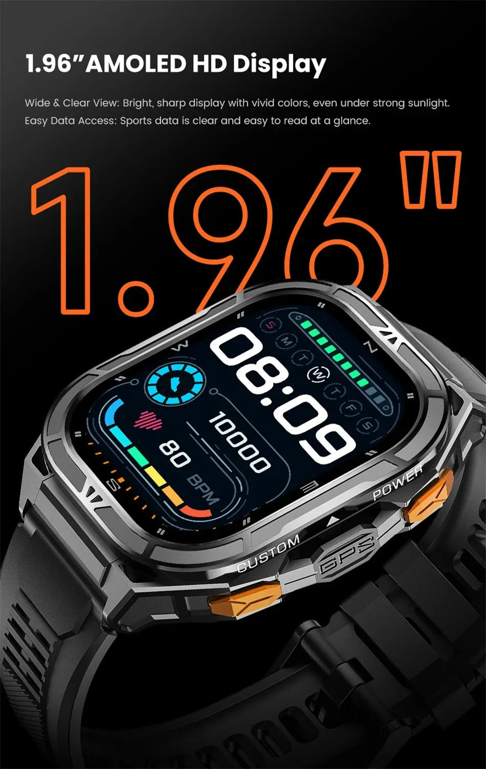 Smartwatch GPS 2025 | AMOLED 1.96" 410×502 | Bluetooth 5.3 | 5ATM | Brújula | 530mAh | Android & iOS | Reloj Inteligente GPS 2025 | AMOLED 1.96" | Bluetooth 5.3 | 5ATM | Brújula | 530mAh