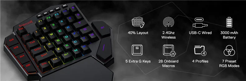 Teclado Gaming Una Mano Redragon K585 DITI | 42 Teclas | 2.4GHz Inalámbrico | RGB | 7 Macros | Hot-Swap | Redragon K585 DITI One-Handed Wireless Gaming Keypad 42 Keys 2.4GHz RGB 7 Macros Hot-Swap