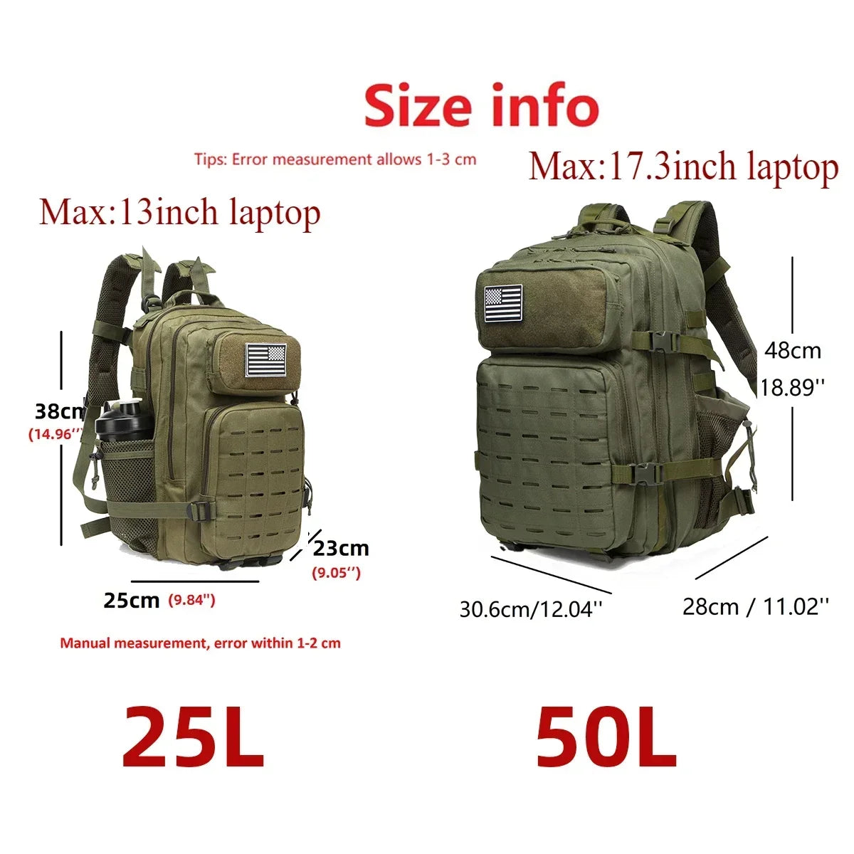 Waterproof Backpack 25L/50L | Gym, Hiking, Travel & Laptop Bag | Dual Bottle Holders | 12 Colors