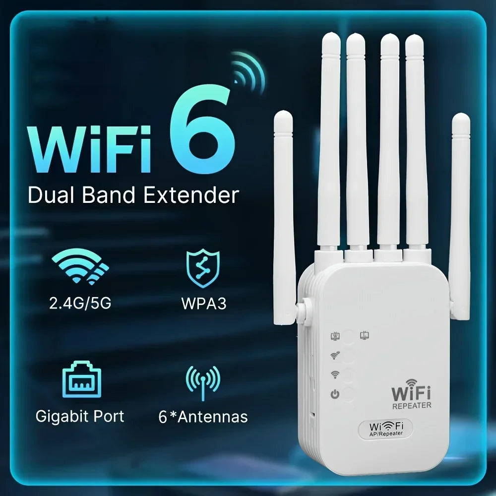 Repetidor WiFi 1200Mbps Doble Banda 2.4G/5GHz | 6 Antenas 360° | Extensor de Señal | Hogar y Oficina