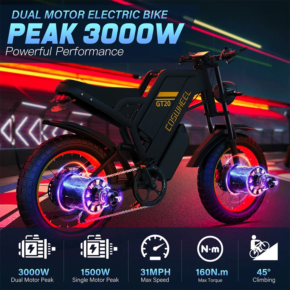 Coswheel GT20 E-Bike | 1500W/2000W/3000W | 60V 25Ah | Fat Tire 20x4.0 | 93 Millas | Shimano 7v | CE UL FCC | Off-Road