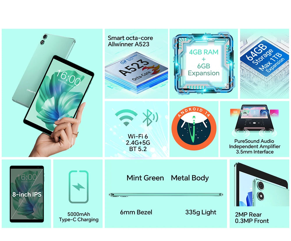 Tablet Teclast P85T 8" | Android 14 | 12GB RAM + 64GB | Octa-Core A523 | WiFi 6 | BT 5.2 | 5000mAh