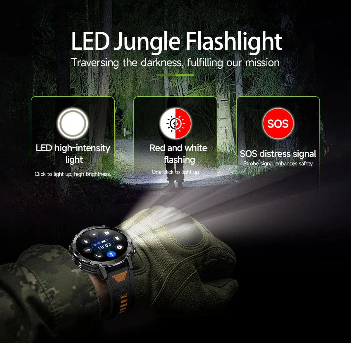Flttoltn AK106 | Smartwatch Militar 1400mAh | AMOLED 1.7", IP69K, Linterna LED, 100+ Deportes