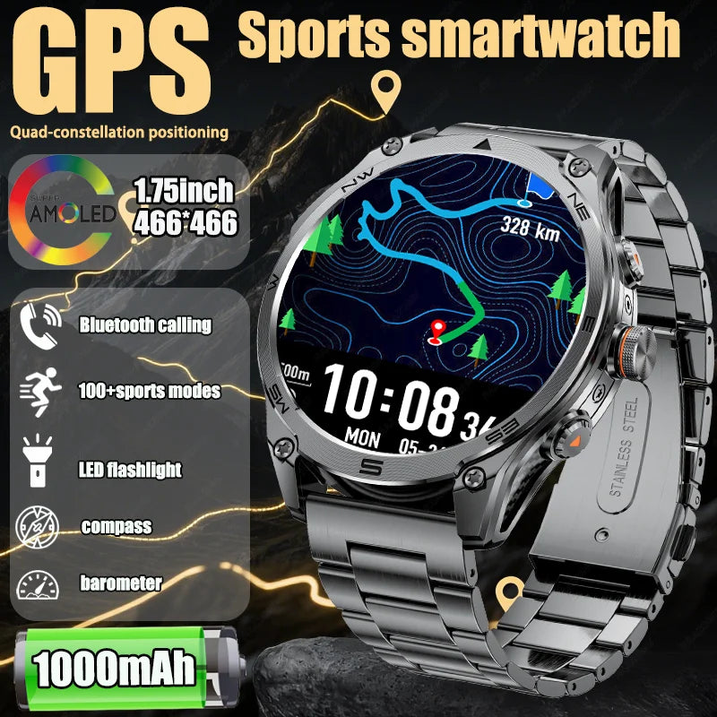 Smartwatch Militar GPS 2025 | AMOLED 1.75" | Batería 1000mAh | Linterna LED | Brújula | Barómetro