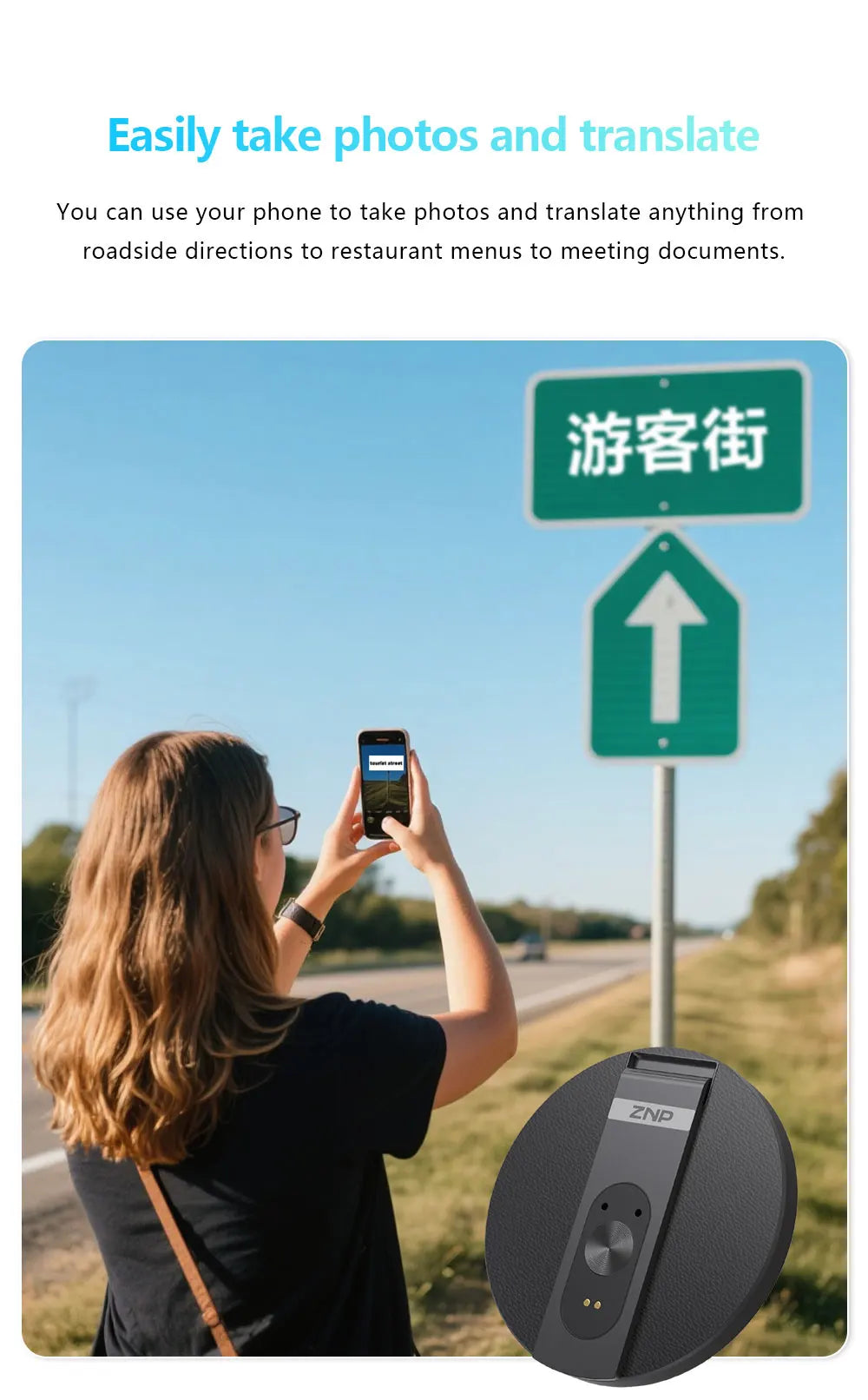 Traductor de Voz IA ZNP | Bluetooth Inalámbrico | 150+ Idiomas | Magnético Ultra-Delgado | Offline | Soporte para Teléfono | 30h Batería