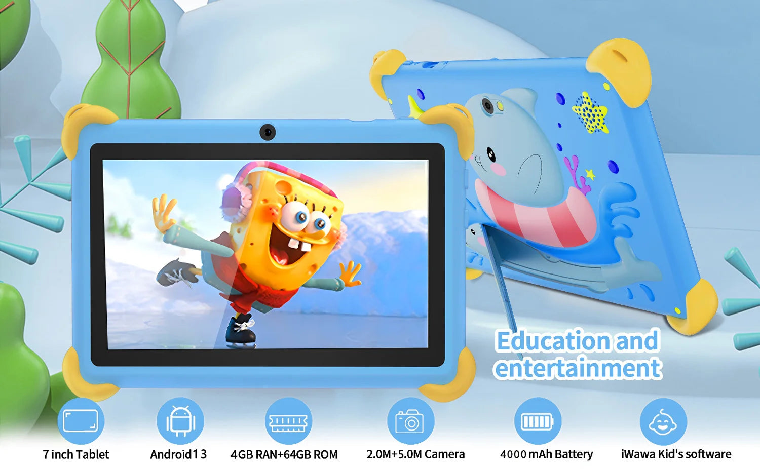 Tablet Infantil BDF 7" | Android 13 | 4GB RAM + 64GB | WiFi | Quad-Core | 4000mAh | Diseño para Niños