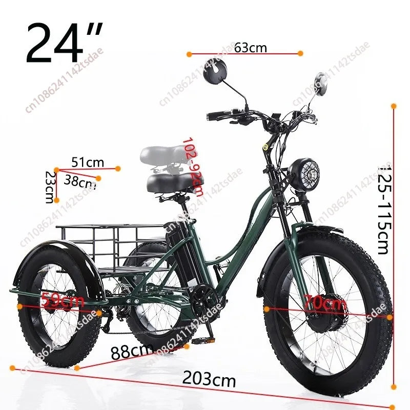 Triciclo Eléctrico 750W | 3 Ruedas | 48V 15Ah Extraíble | 2 Asientos | Todo Terreno | Adultos y Mayores | E-Tricycle