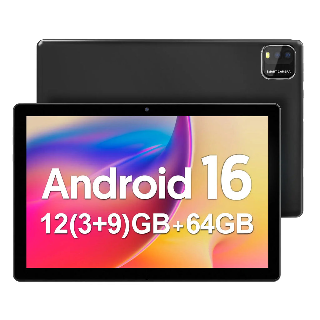 Tablet BAKEN 10" | Android 16 | 12GB RAM + 64GB | Quad-Core | 6000mAh | Dual Cámara | Azul y Negro
