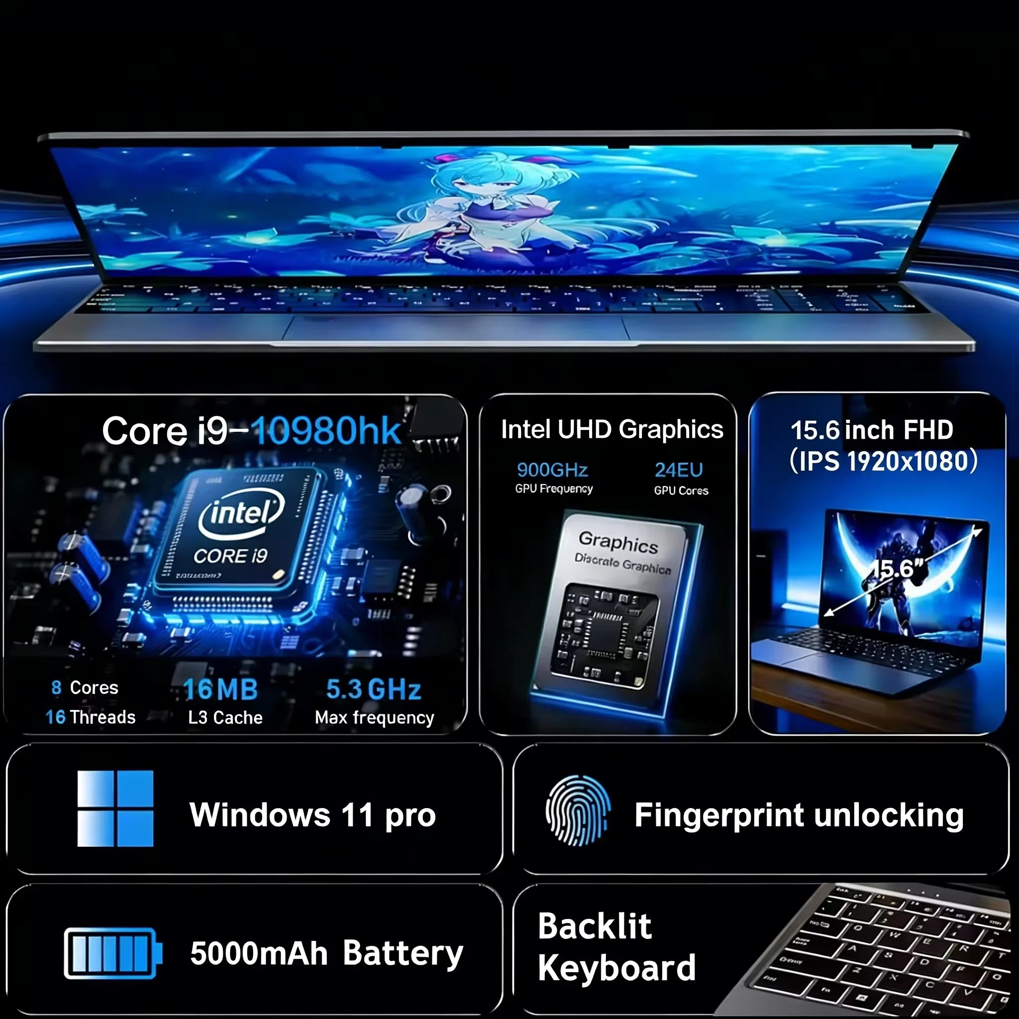Laptop Intel Core i9-10980HK 16GB RAM SSD – Pantalla 15.6" FHD, Teclado Retroiluminado, Huella Digital, Windows 11