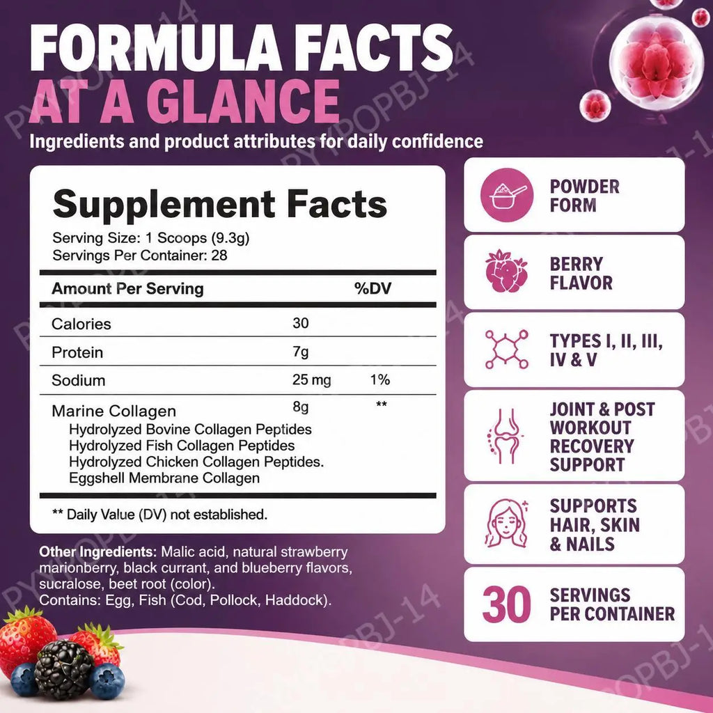 Multi Collagen Peptides Powder | Types I II III IV V | Hair, Skin, Nails & Joint Support | Berry Flavor | 28 Servings
