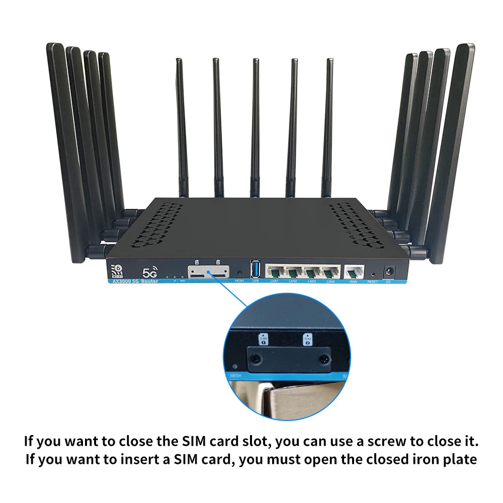 Router WiFi 6 5G AX3000 Dual SIM | Mesh 3000Mbps | DDR4 1GB | 12 Antenas MU-MIMO | OpenWrt | USB 3.0