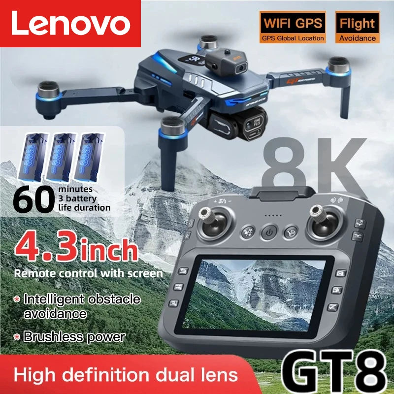 Dron Lenovo GT8 Cámara Dual 8K HD – Motor Brushless, WiFi FPV 5G, Pantalla 4.3", Plegable, Cuadricóptero