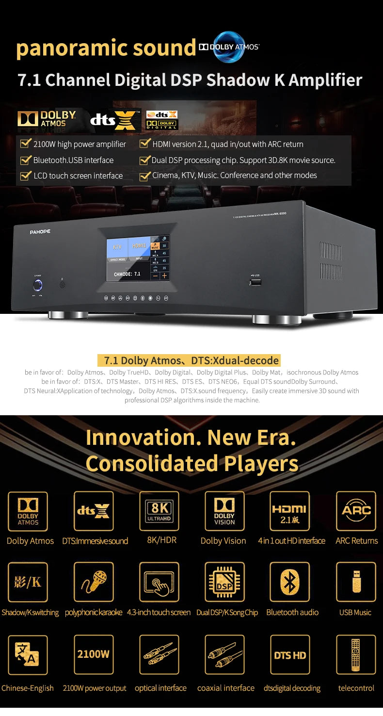 PAHOPE MK-8000 7.1 Home Theater AV Receiver | 8K 3D | DTS Digital HD | Karaoke | 110V & 220V