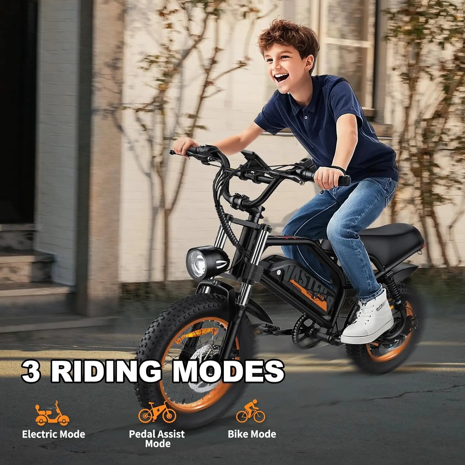 E-Bike 16" Adultos | 500W | 36V 12.8Ah Extraíble | 45 Millas | 4 Modos | Frenos Disco | UL 2849 | Negro/Naranja/Rosa/Azul