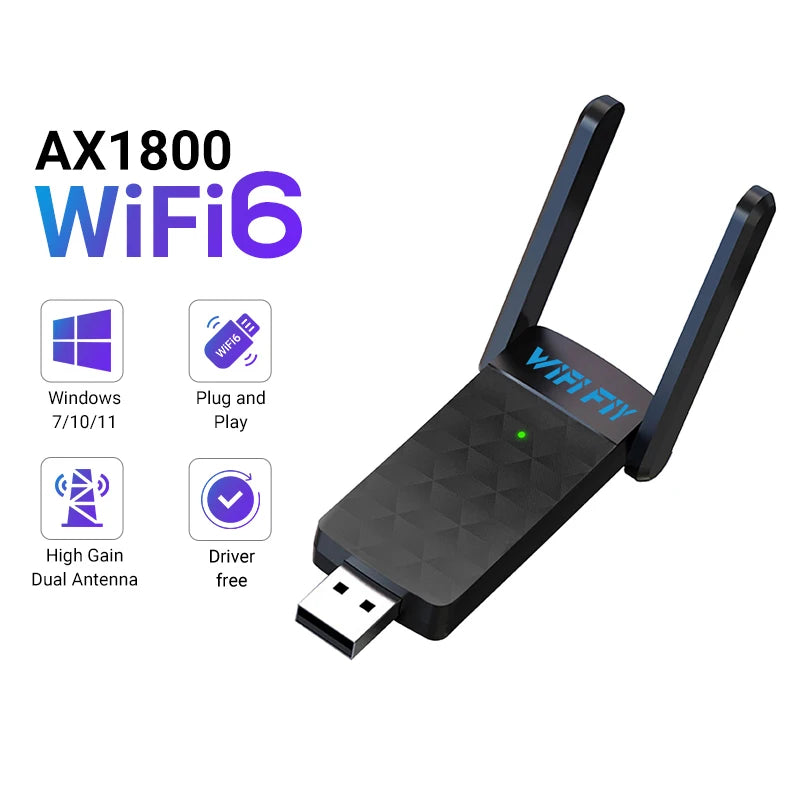 Adaptador USB WiFi 6 1800Mbps | Doble Banda 5GHz/2.4GHz | USB 3.0 | Antena Alta Ganancia | Windows 10/11