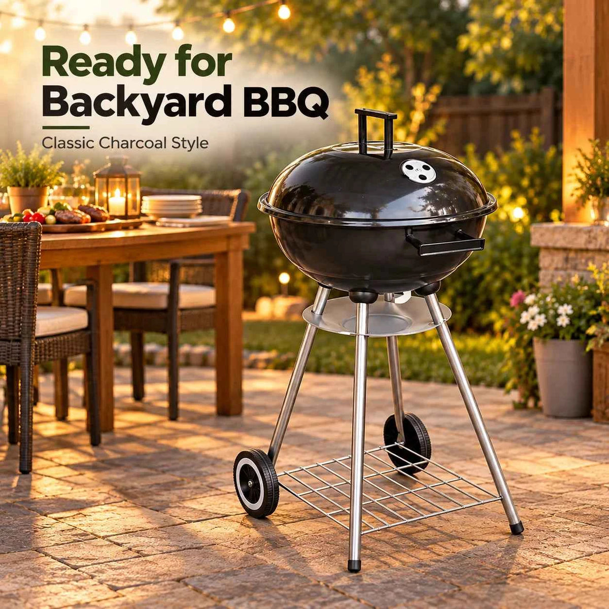 Charcoal BBQ Grill | Wheels & Storage Shelves | Outdoor Cooking