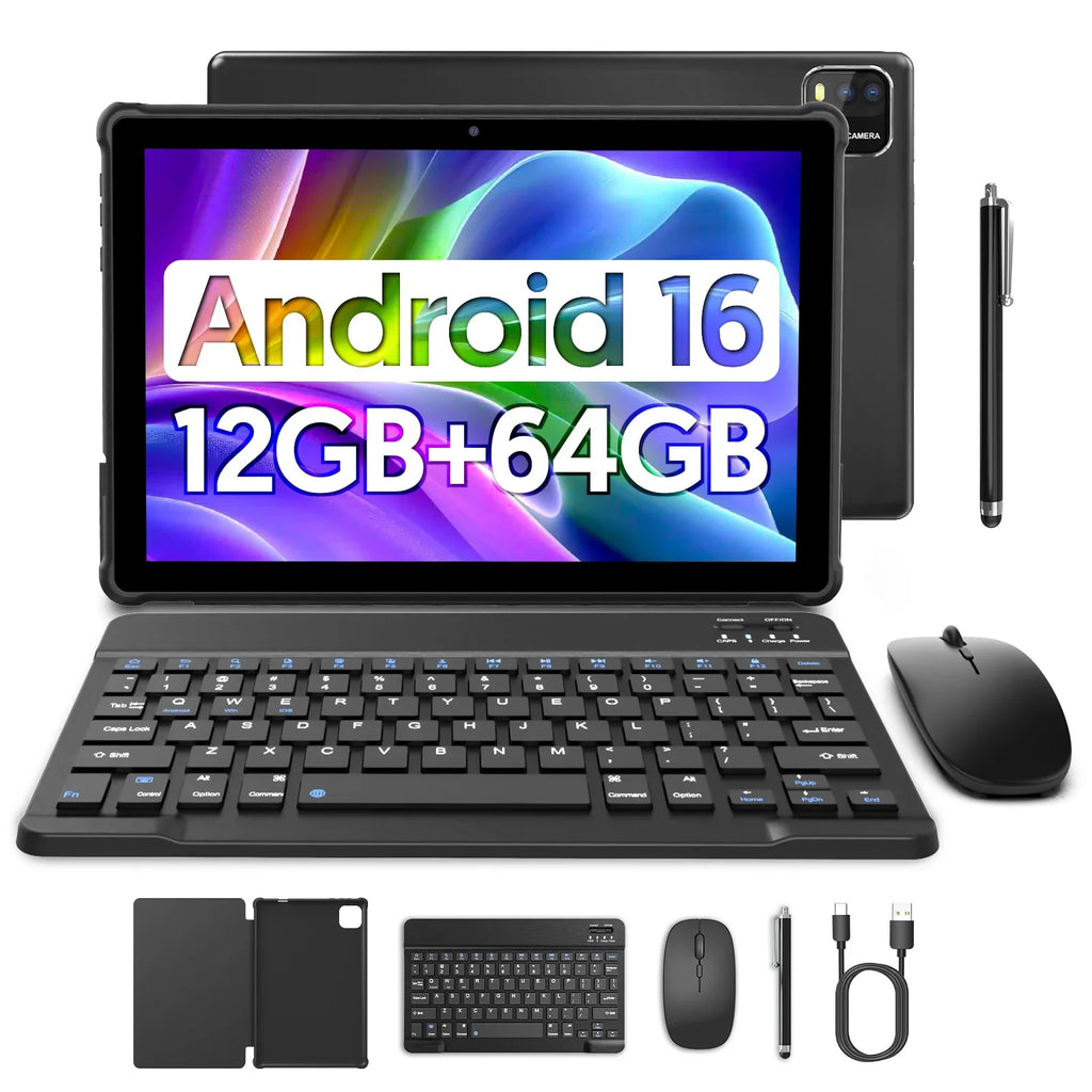 Tablet BAKEN 10" | Android 16 | 12GB RAM + 64GB | Quad-Core | 6000mAh | Dual Cámara | Azul y Negro