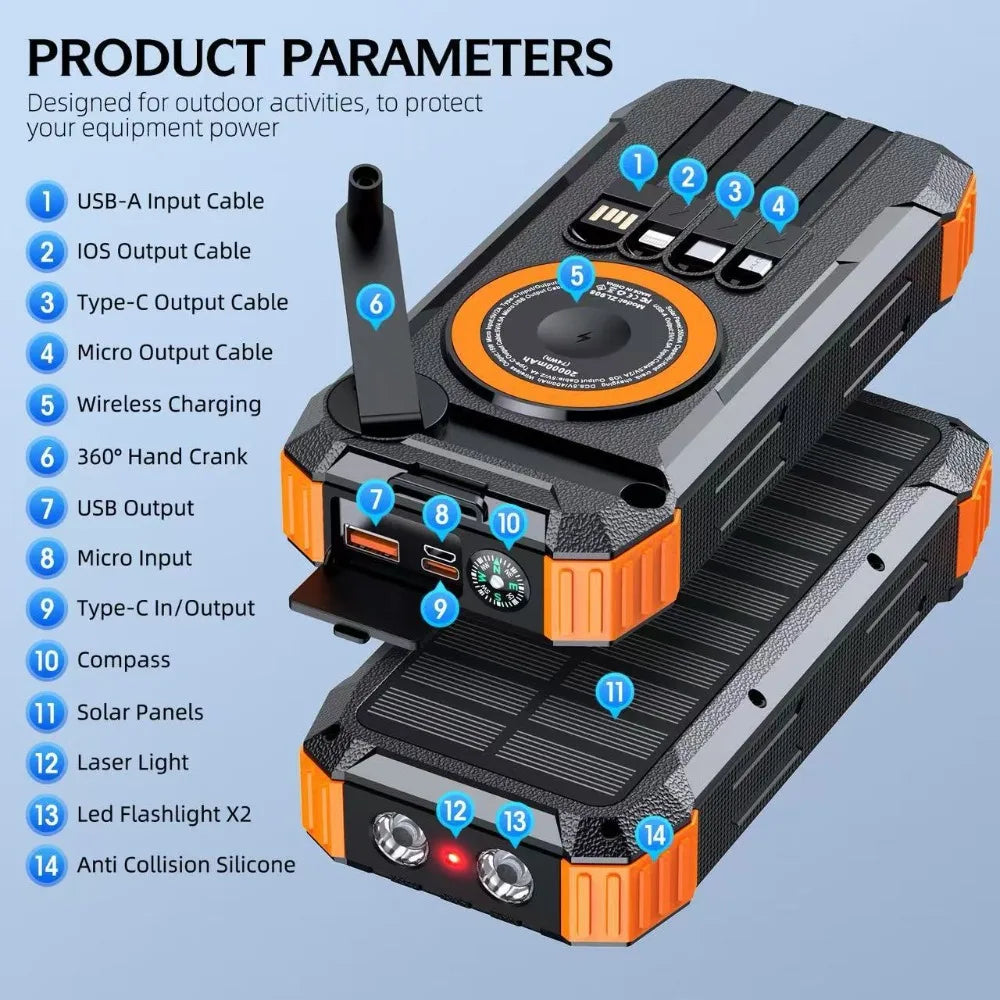 50000mAh Solar Hand-Crank Power Bank | Wireless