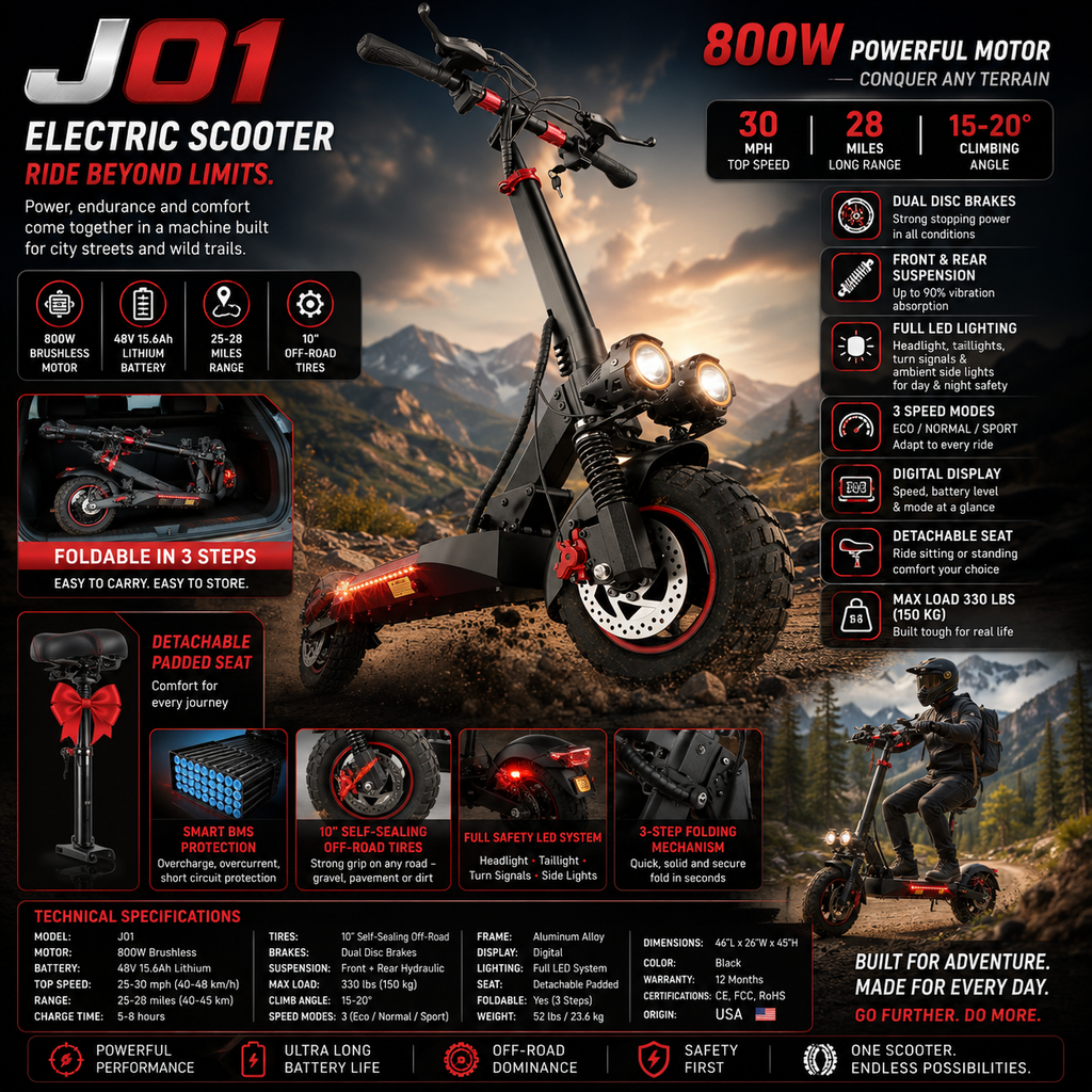 Scooter Eléctrico para Adultos J01 | 800W, 48V, 30mph, 28 mi, Asiento, Llantas Off-Road 10"