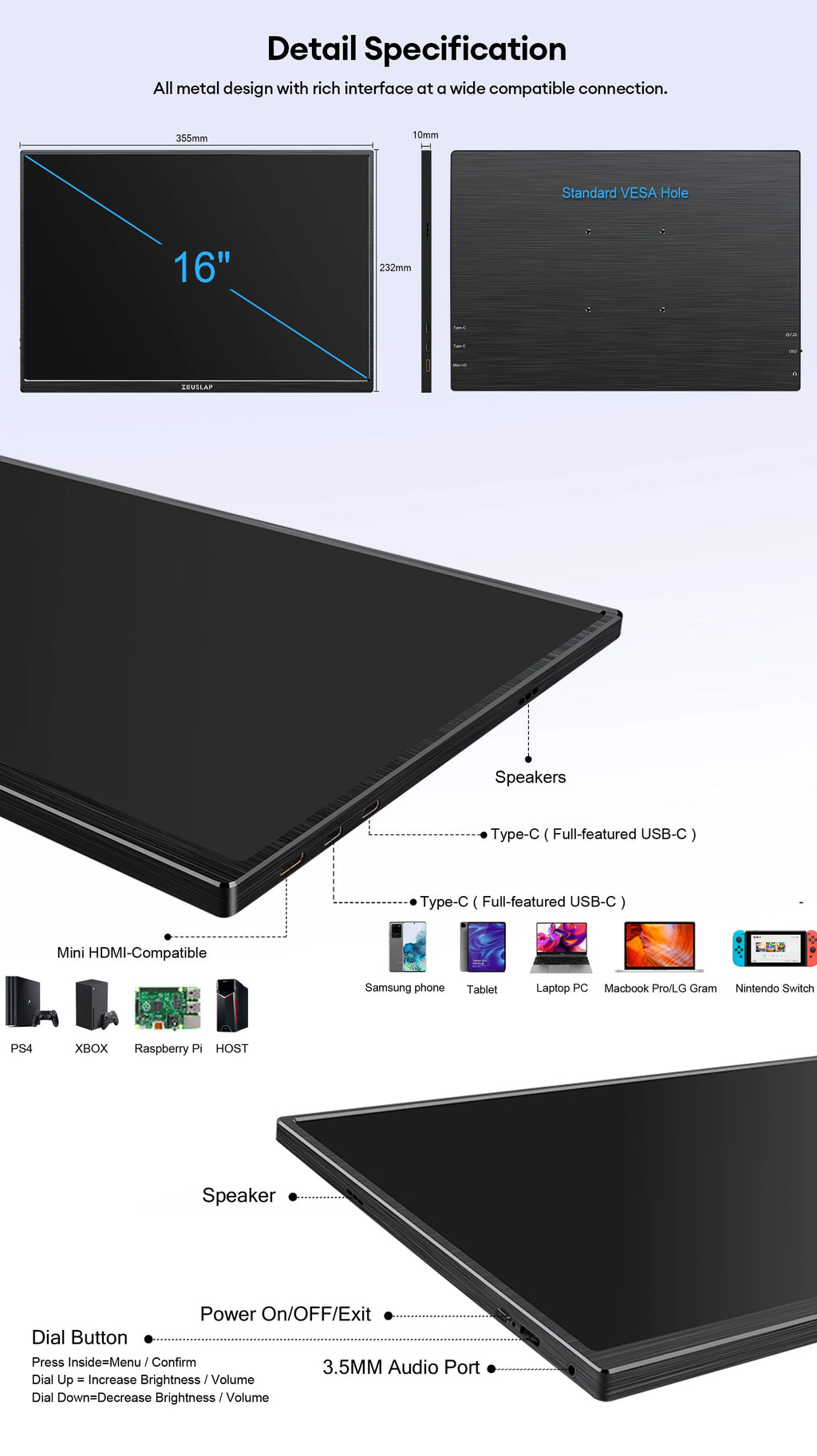 ZEUSLAP P16T | Monitor Portátil Táctil 16" 1200P IPS | 100% sRGB, HDR10, Type-C, VESA