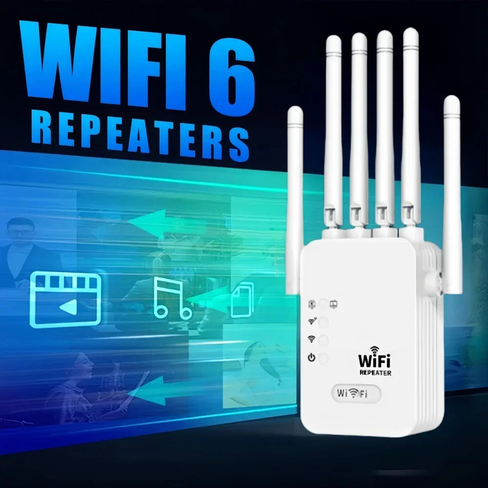 Repetidor WiFi 1200Mbps Doble Banda 2.4G/5GHz | 6 Antenas 360° | Extensor de Señal | Hogar y Oficina