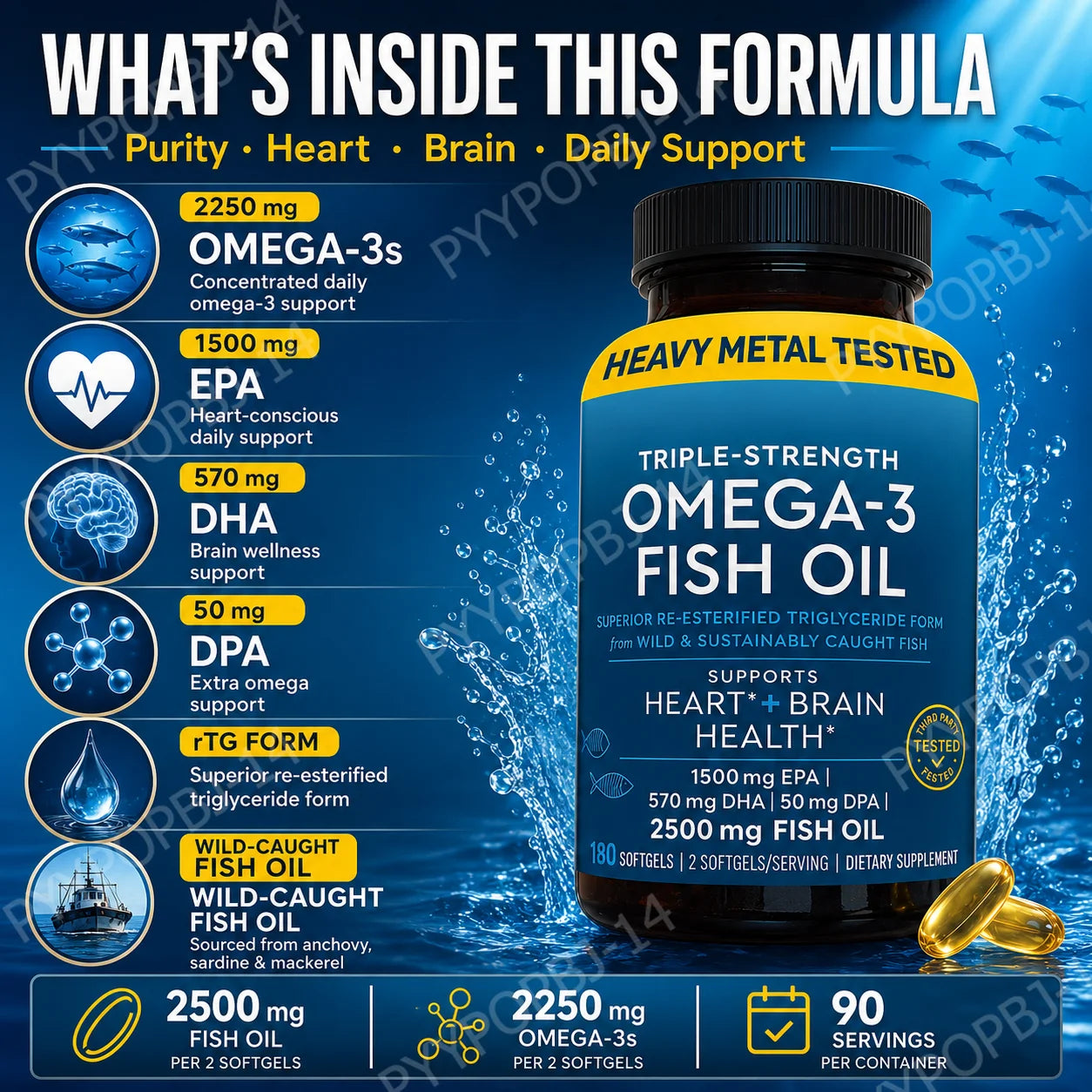Omega-3 Fish Oil 2500mg | EPA DHA DPA RTG | 180 Cápsulas | Non-GMO, Sin Gluten