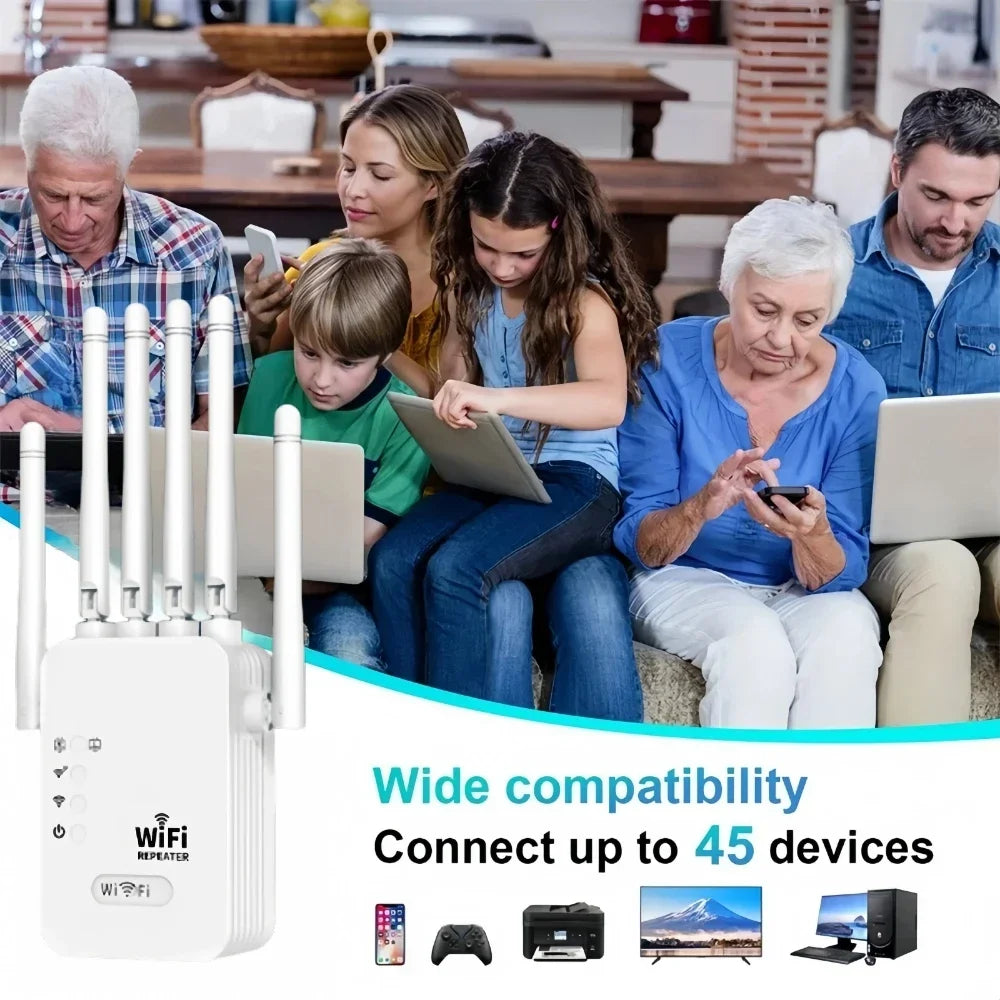 Repetidor WiFi 1200Mbps Doble Banda 2.4G/5GHz | 6 Antenas 360° | Extensor de Señal | Hogar y Oficina