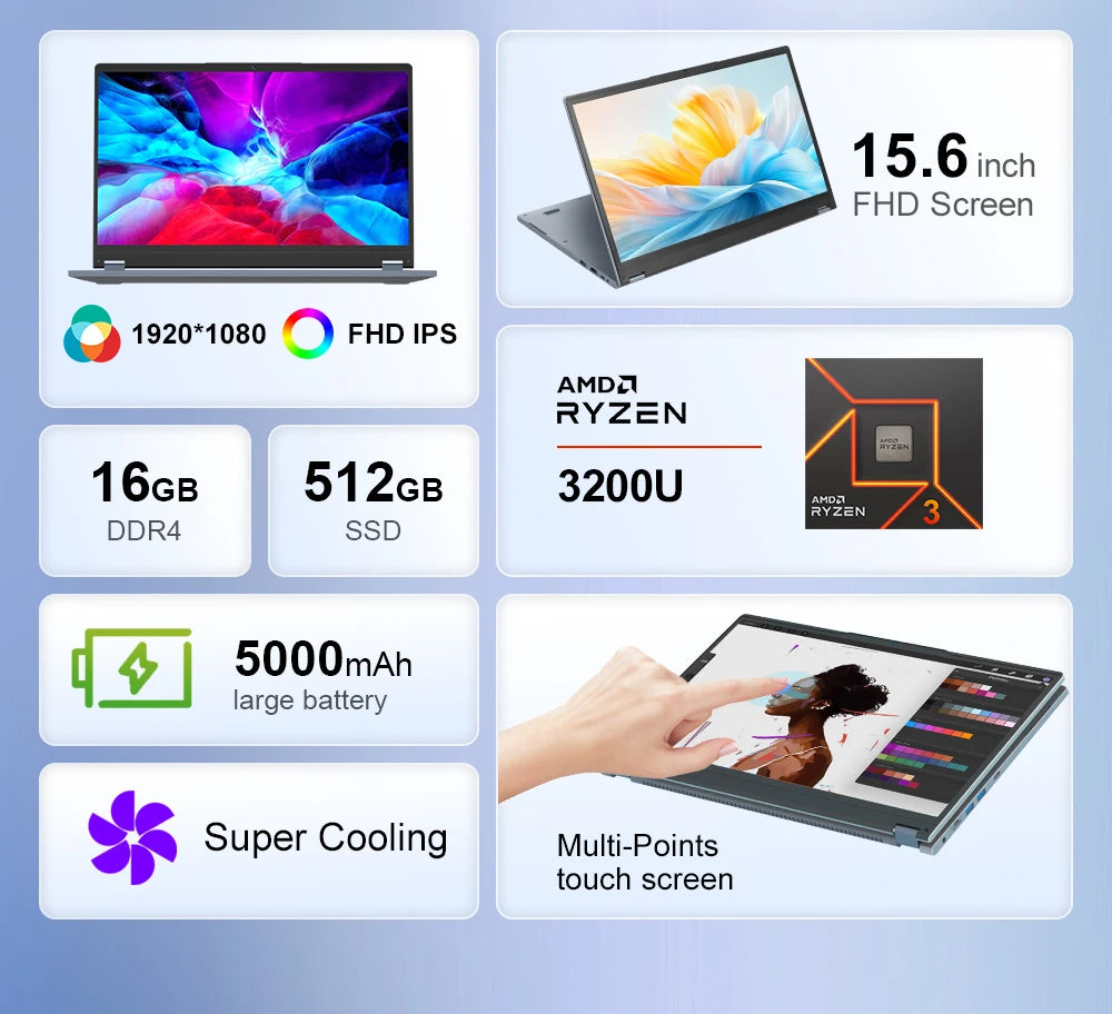 Ninkear YBook15 Laptop 2-in-1 15.6" | AMD Ryzen 3, 16GB RAM, 512GB SSD | Touch 360°, Windows 11