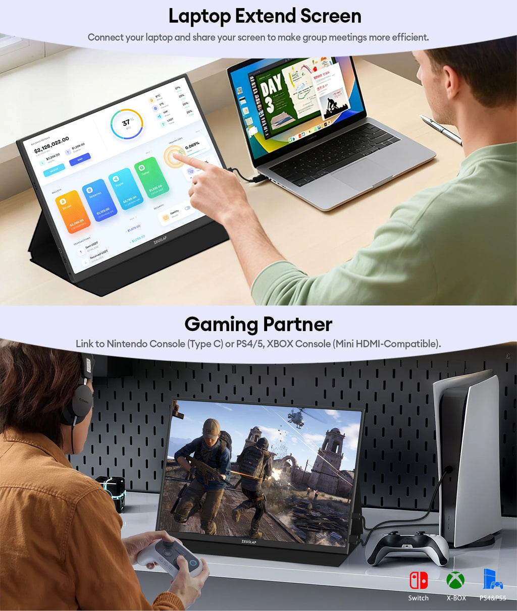 ZEUSLAP P16T | Monitor Portátil Táctil 16" 1200P IPS | 100% sRGB, HDR10, Type-C, VESA