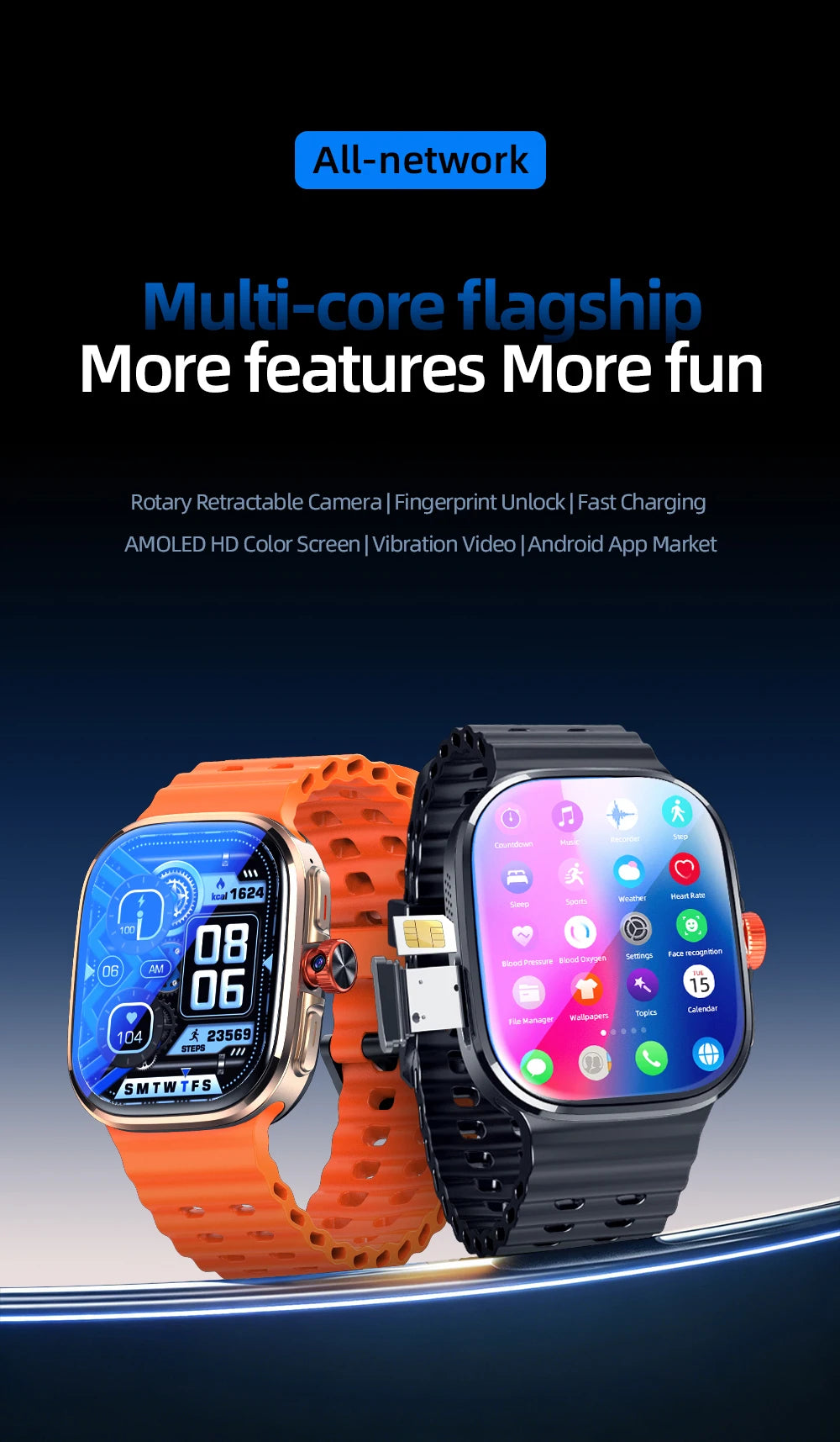 Smartwatch Android 13 5G LTE | AMOLED 2.29" | 800MP Pull-out Camera | SIM Card | GPS | 1500mAh | Smartwatch Android 13 5G LTE | AMOLED 2.29" | Cámara Giratoria 800W | Tarjeta SIM | GPS | 1500mAh
