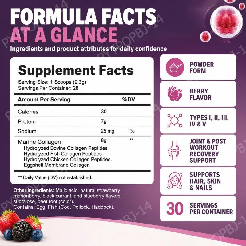 Multi Collagen Peptides Powder | Types I II III IV V | Hair, Skin, Nails & Joint Support | Berry Flavor | 28 Servings