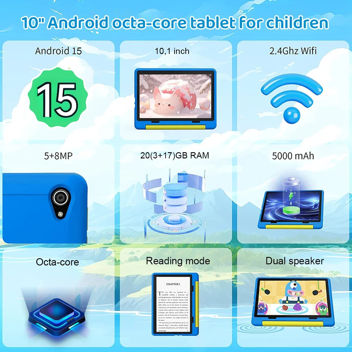 Tablet Infantil URAO 10" | Android 15 | 8GB RAM + 64GB | Octa-Core | 5000mAh | Control Parental | Con Funda