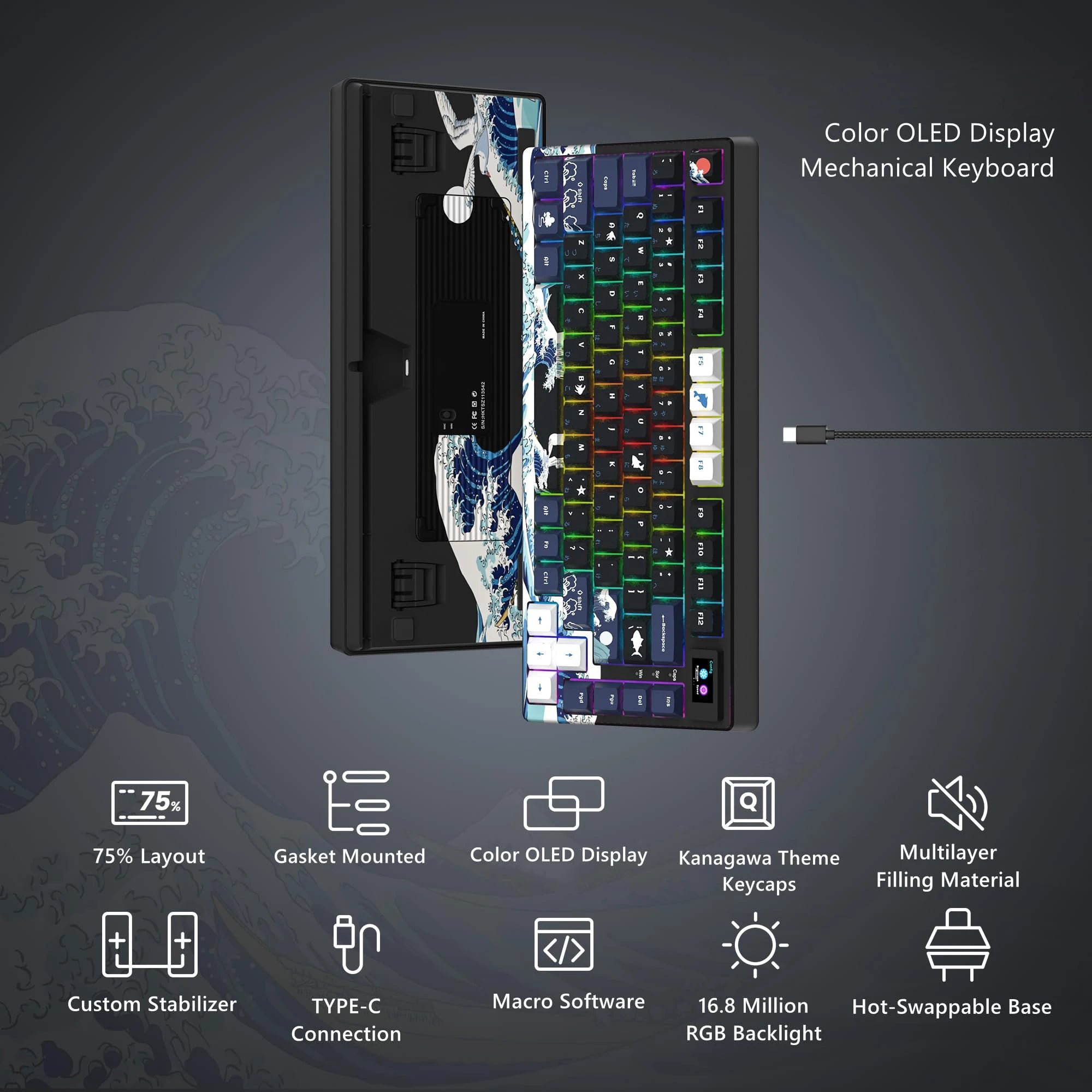 Teclado Mecánico Gaming Womier 75% | OLED | Gasket | Hot-Swap | PBT Pudding RGB | PC/Mac | Womier 75% Mechanical Gaming Keyboard OLED Gasket Hot-Swap PBT Pudding RGB