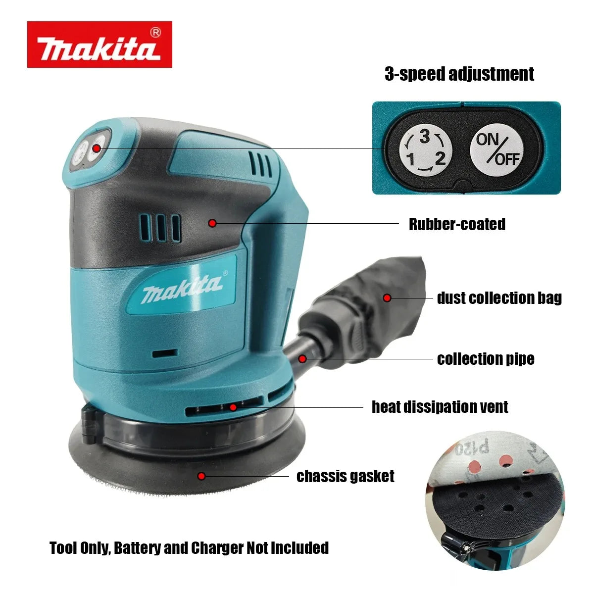 Makita DBO180Z | 18V Brushless Random Orbital Sander | USB-C