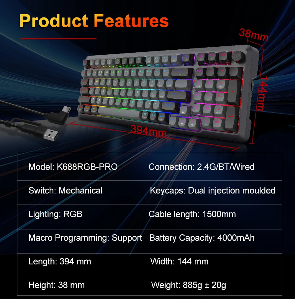 Teclado Mecánico Gaming Redragon K688 PRO | 98 Teclas | Bluetooth 5.0 + 2.4GHz + USB | Gasket | Hot-Swap | RGB | Redragon K688 PRO 98-Key Mechanical Gaming Keyboard BT 5.0 2.4GHz USB Gasket Hot-Swap RGB