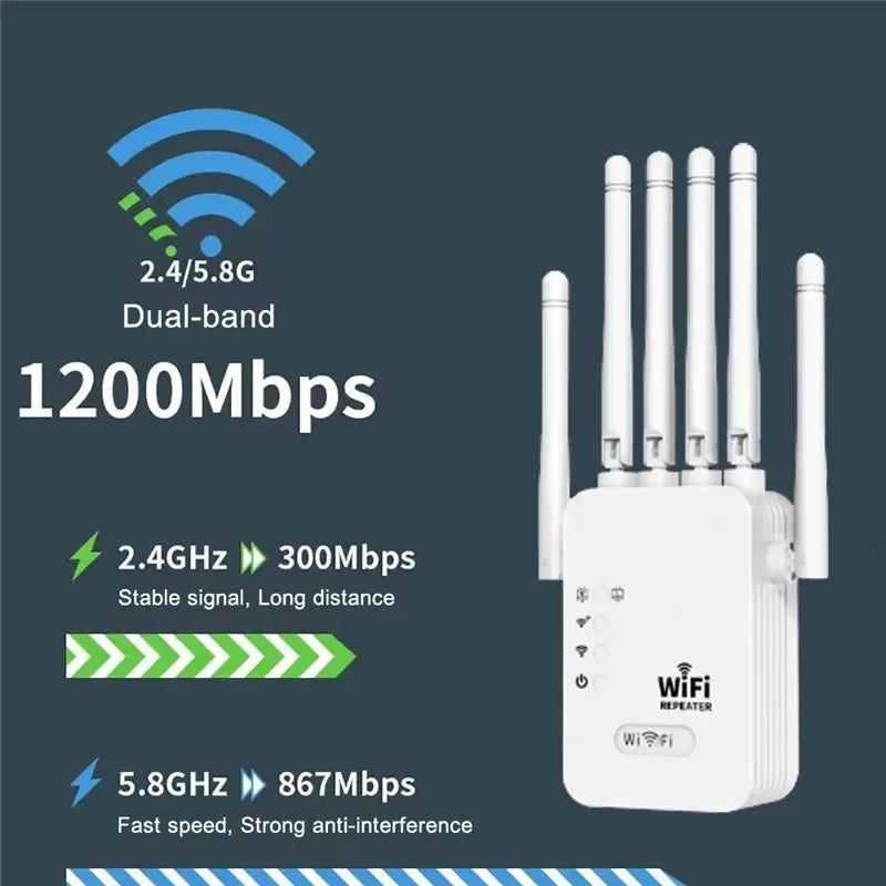 Repetidor WiFi 1200Mbps Doble Banda 2.4G/5GHz | 6 Antenas 360° | Extensor de Señal | Hogar y Oficina