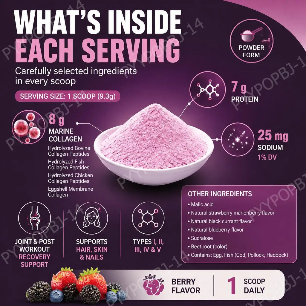 Multi Collagen Peptides Powder | Types I II III IV V | Hair, Skin, Nails & Joint Support | Berry Flavor | 28 Servings