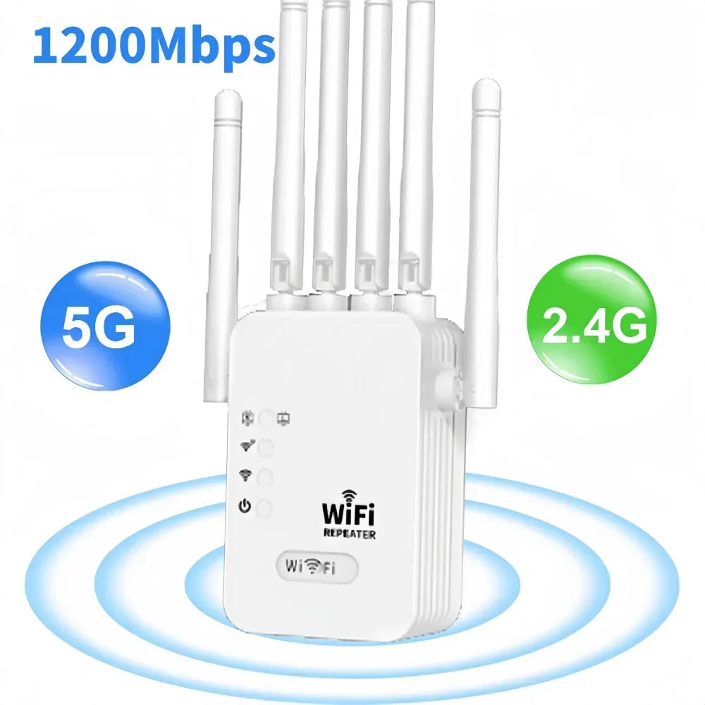 Repetidor WiFi 1200Mbps Doble Banda 2.4G/5GHz | 6 Antenas 360° | Extensor de Señal | Hogar y Oficina