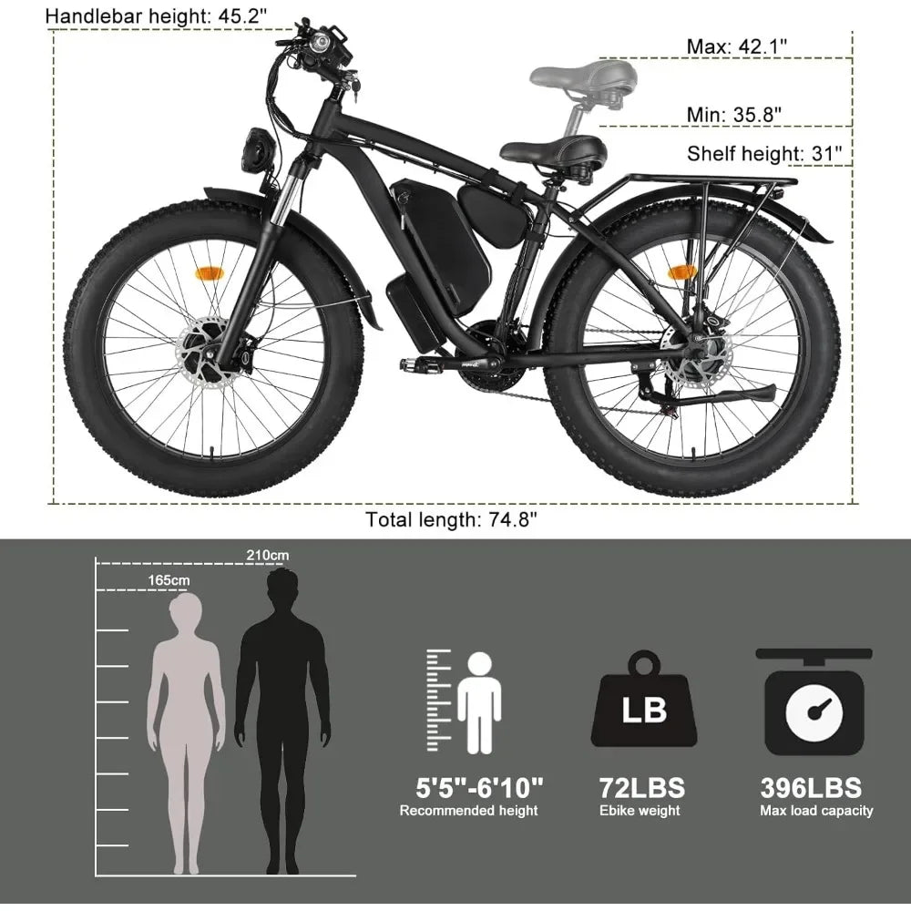 E-Bike Adultos Doble Motor 2000W | 48V 22.4Ah Extraíble | Fat Tire | Todo Terreno | Bicicleta Eléctrica