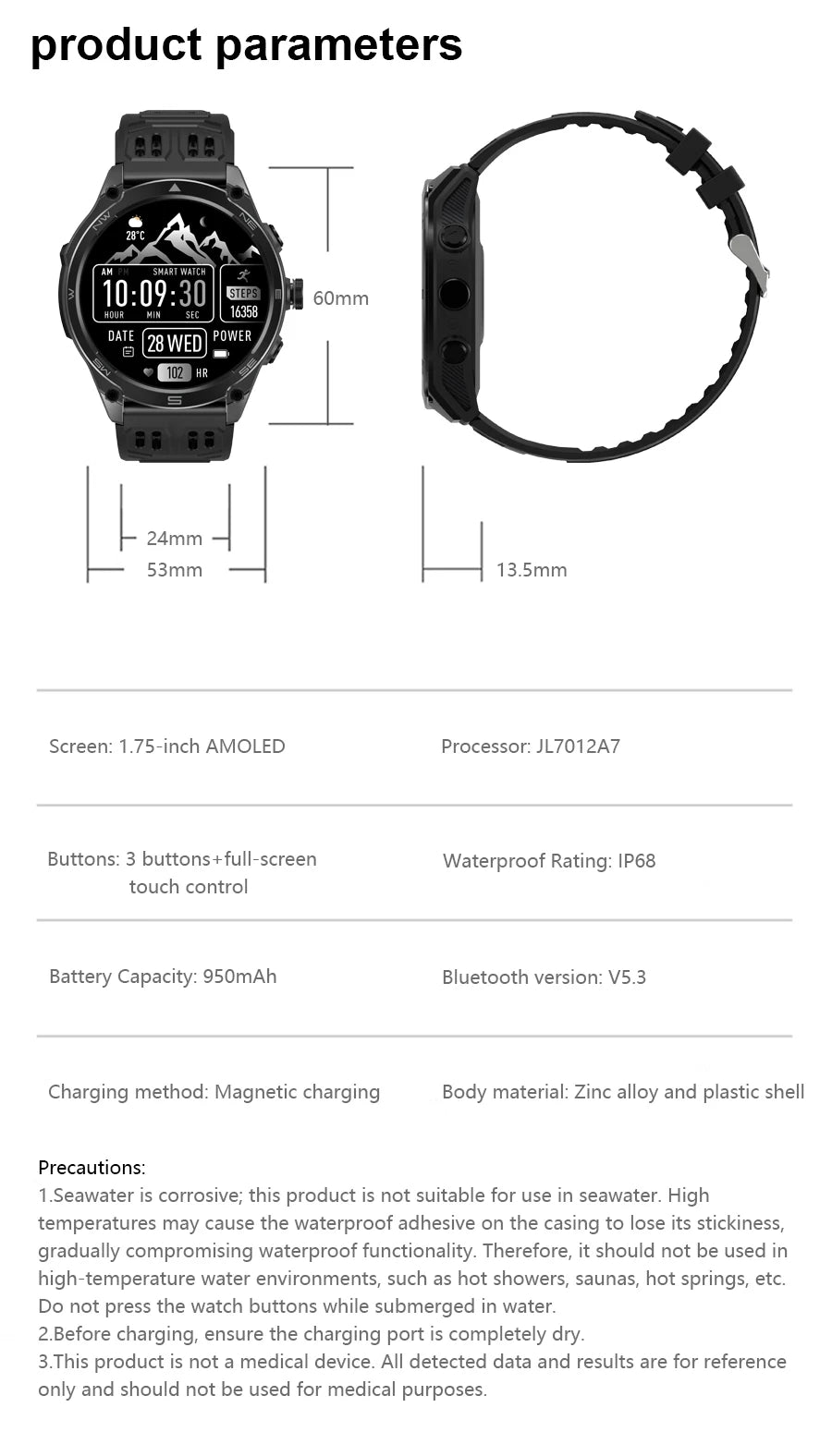 Smartwatch Militar GPS 2025 | AMOLED 1.75" | Batería 1000mAh | Linterna LED | Brújula | Barómetro