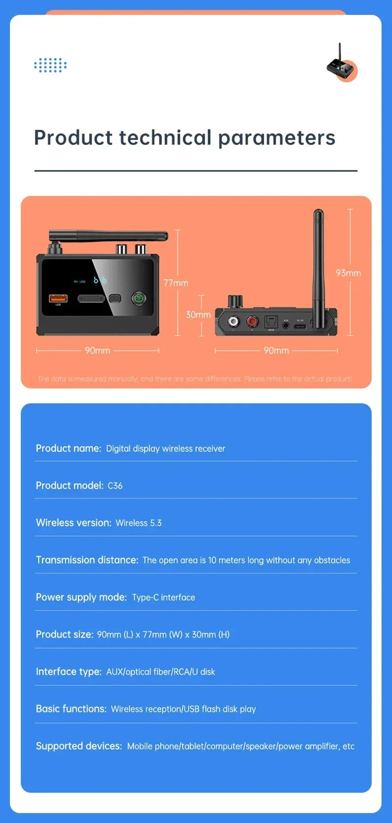 Bluetooth 5.3 Audio Receiver | RCA, AUX & Optical Output | U-Disk Playback | Wireless Adapter for Stereo & Car Speakers