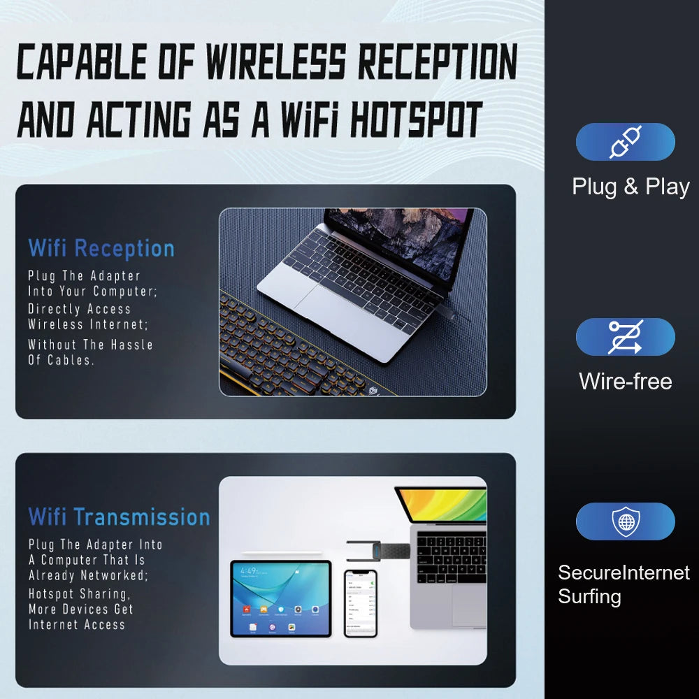 Adaptador USB WiFi 6 1800Mbps | Doble Banda 5GHz/2.4GHz | USB 3.0 | Antena Alta Ganancia | Windows 10/11
