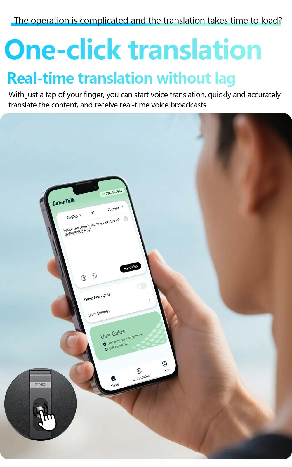 Traductor de Voz IA ZNP | Bluetooth Inalámbrico | 150+ Idiomas | Magnético Ultra-Delgado | Offline | Soporte para Teléfono | 30h Batería