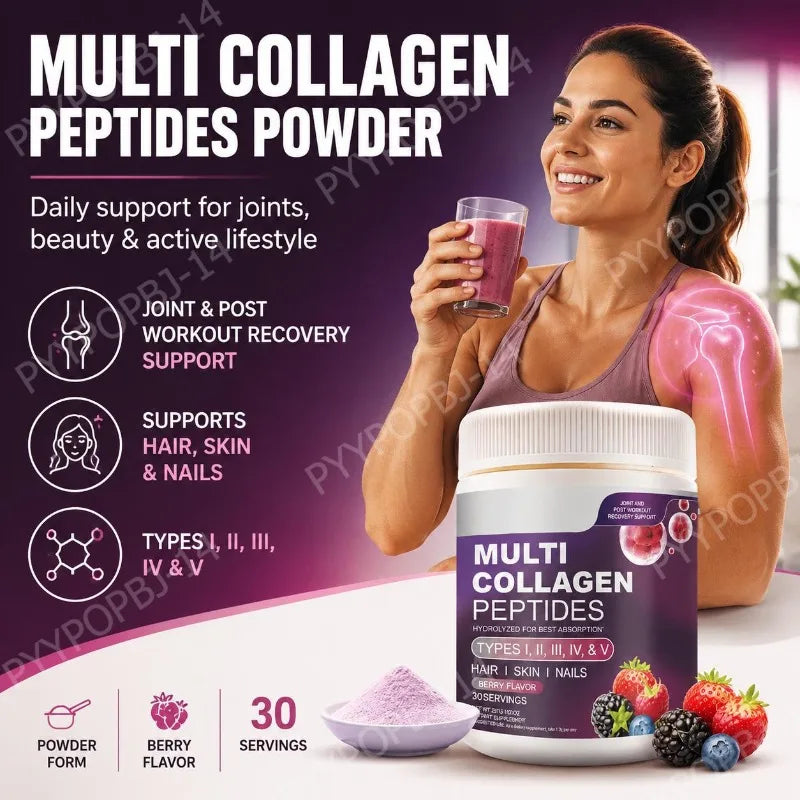 Multi Collagen Peptides Powder | Types I II III IV V | Hair, Skin, Nails & Joint Support | Berry Flavor | 28 Servings