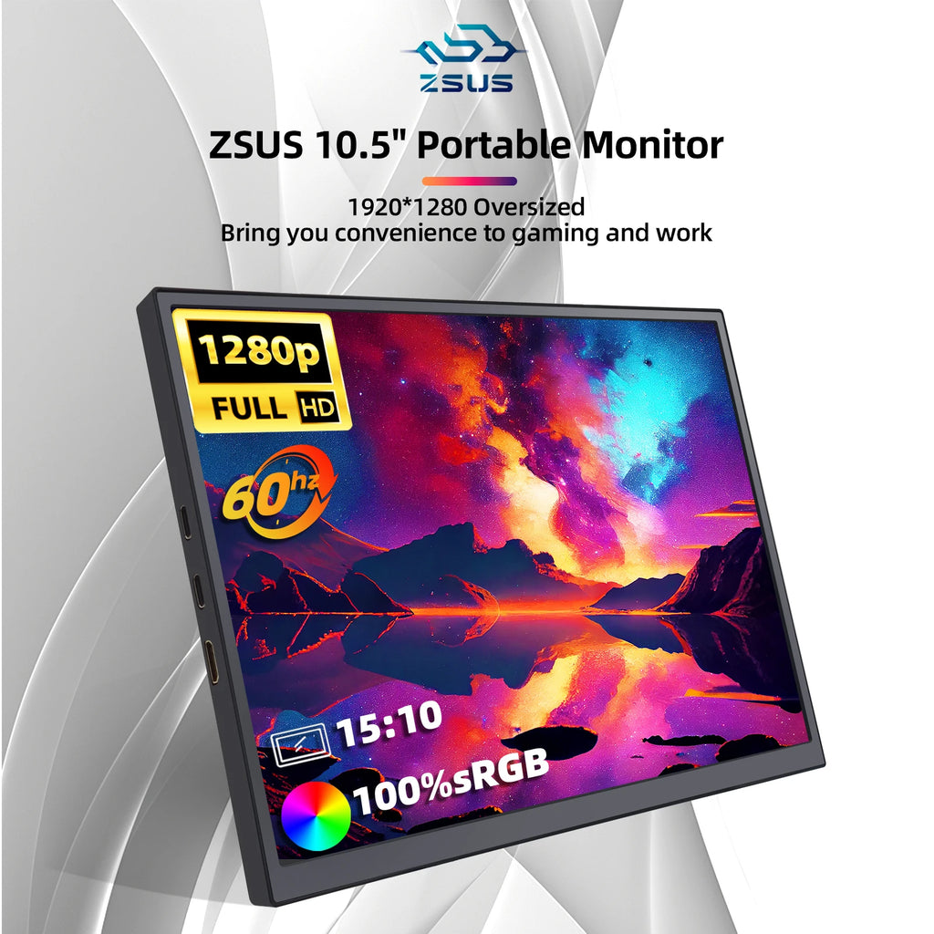 ZSUS PM10A | Monitor Portátil 10.5" 1280P IPS | 100% sRGB, 420 nits, Low Blue Light, Type-C