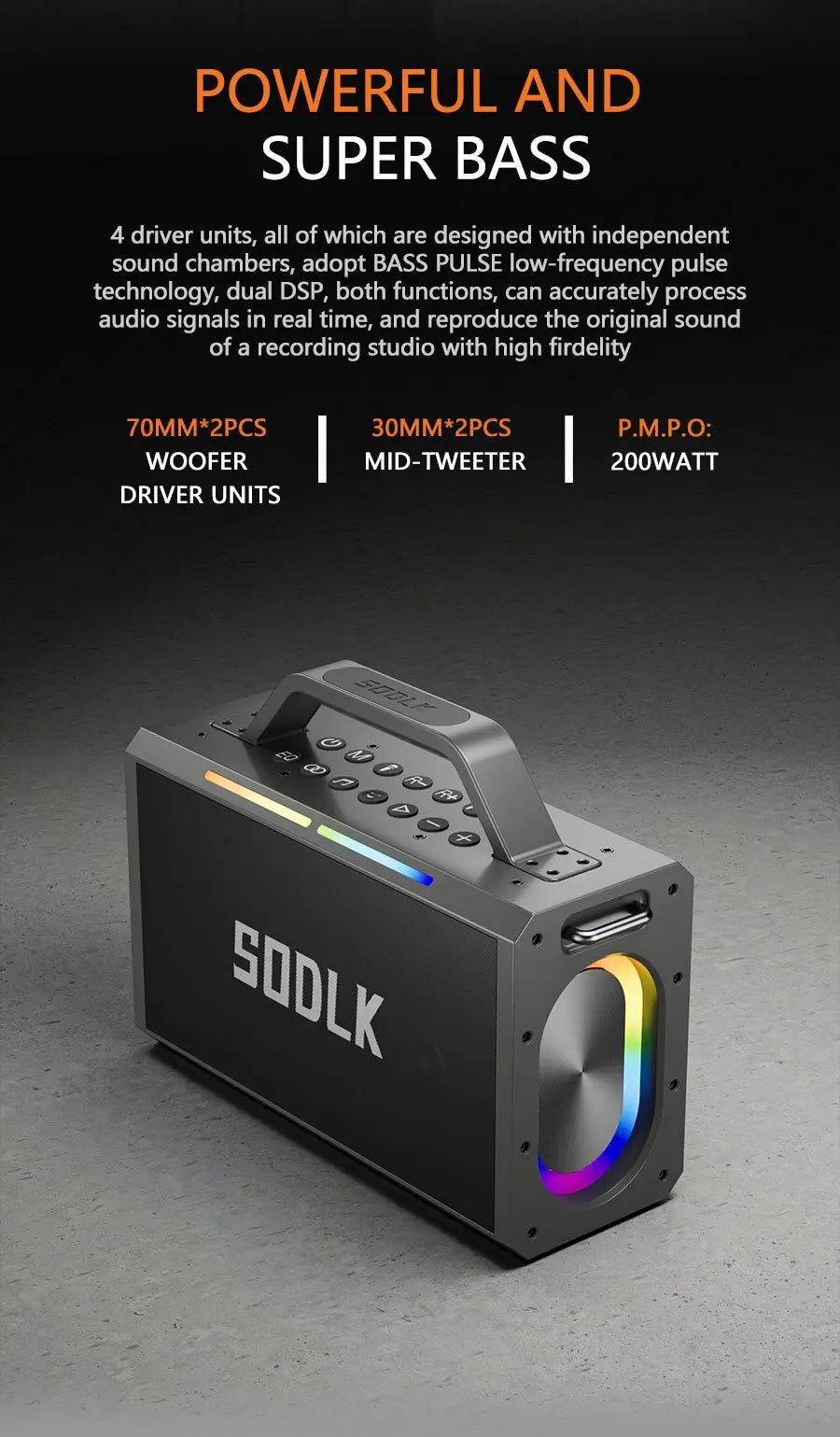 SODLK S1115 | Bocina Bluetooth 200W TWS Karaoke | Batería 24000mAh, RGB, Impermeable